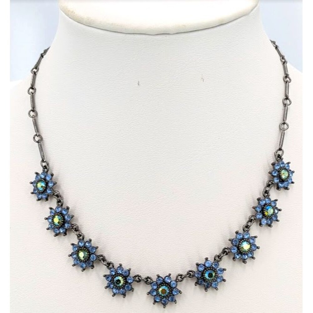 Blue Glass Floral Statement Necklace Aurora Borealis Silver Tone 19 Inch Party